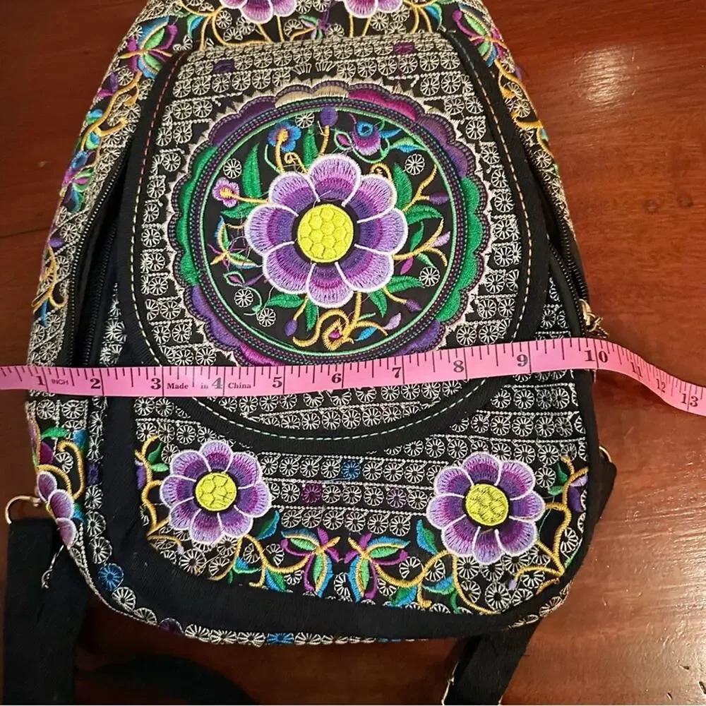 Floral Embroided Backpack Boho Bohemian Black Purple Mexican